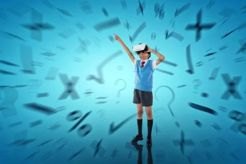 Composite image of full length of school boy wearing vr headset Stock Photos