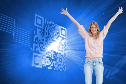 Composite image of full length shot of a smiling woman with her arms raised up イラスト素材