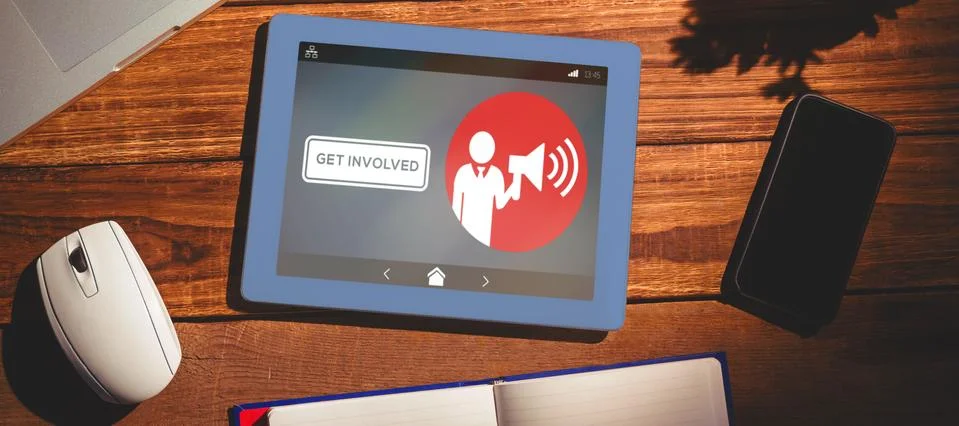 Composite image of get involved text with icons on gray screen 스톡 사진