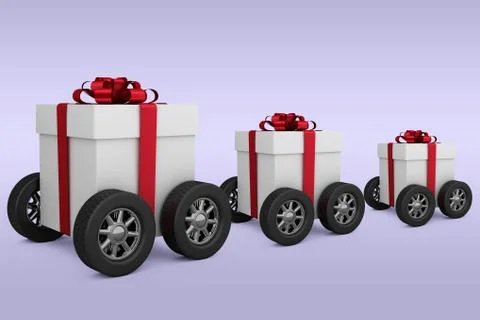 Composite image of gift box with red ribbon on wheels イラスト素材