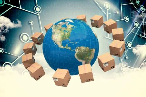 Composite image of globe amidst cardboard boxes Illustrazione stock