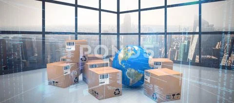 Composite image of globe with cardboard boxes Stock Illustration