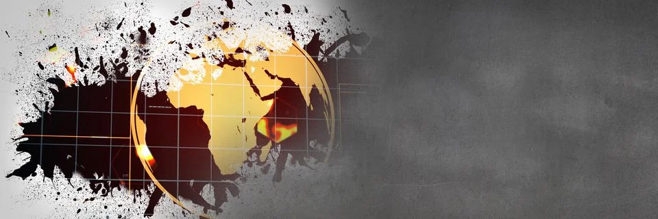 Composite image of globe icon on red background and copy space on grey textured Fotos de archivo