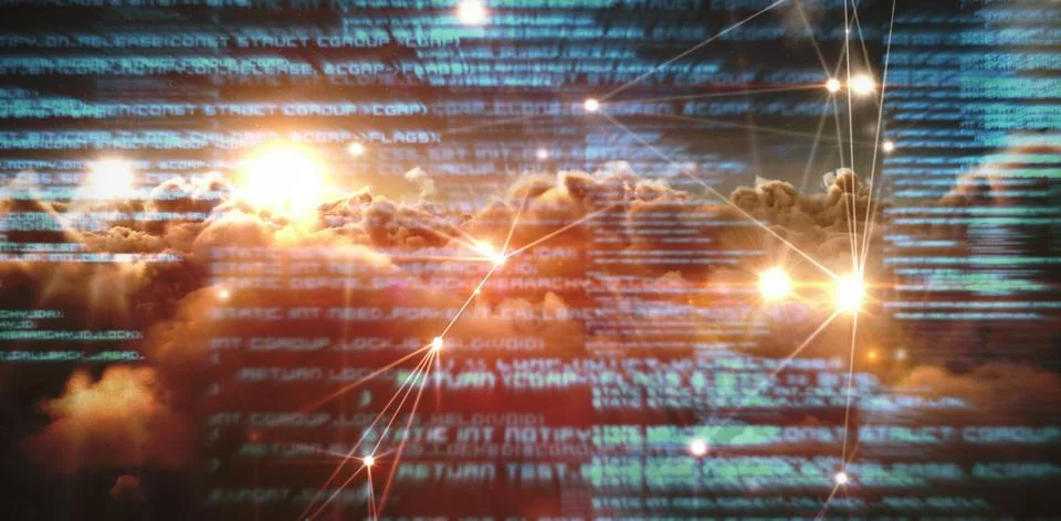 Composite image of glowing dots with connecting lines over clouds Stock Illustration