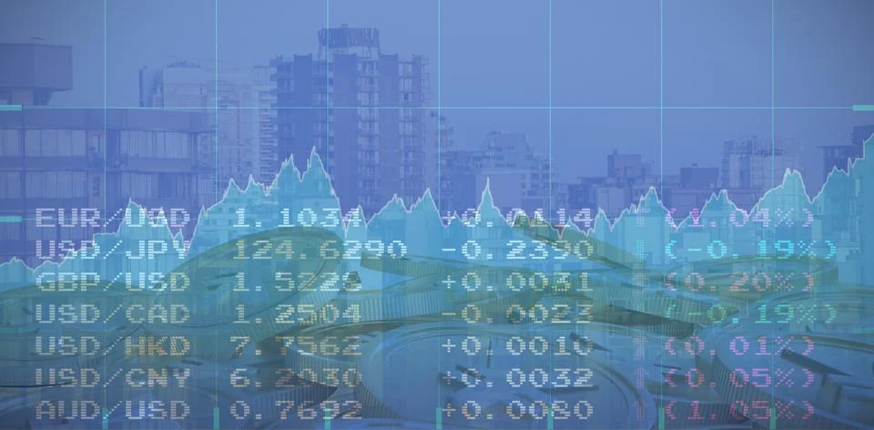 Composite image of graph with grids on blue screen Foto stock