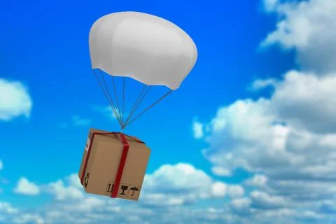 Composite image of graphic image of 3d parachute carrying parcel Foto stock