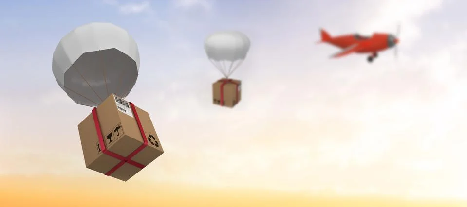 Composite image of graphic image of 3d parachute carrying cardboard box Foto stock