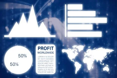 Composite image of graphic image of business presentation with charts and map Stock Illustration