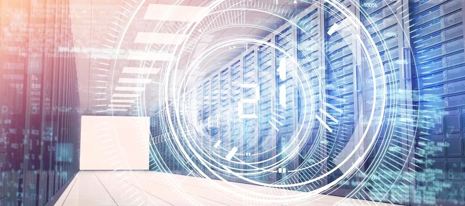 Composite image of graphic image of lens interface over black background Stock Illustration
