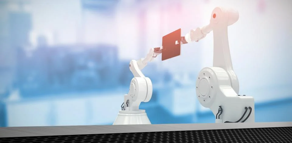 Composite image of graphic image of robots with computer tablet 3d Illustrazione stock
