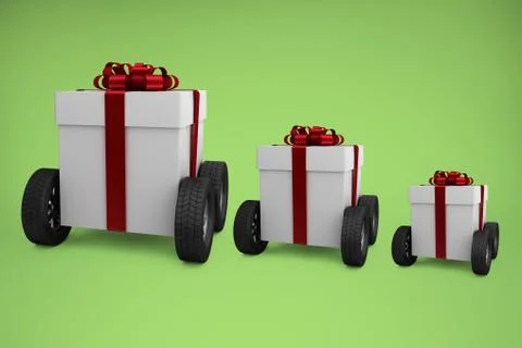 Composite image of gray gift box with wheels Stockillustratie