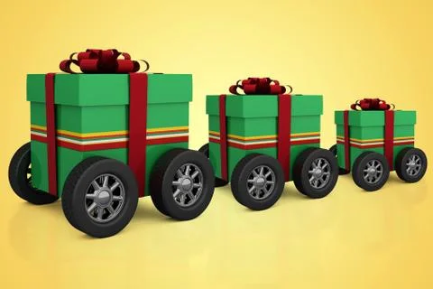 Composite image of green gift box with red ribbon on wheels Illustrazione stock