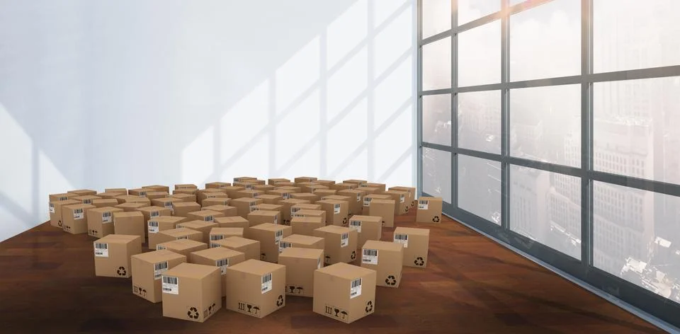 Composite image of group of digital composite cardboard boxes Fotos de archivo
