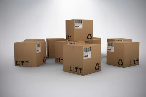 Composite image of group of digitally generated brown cardboard boxes Fotos de archivo