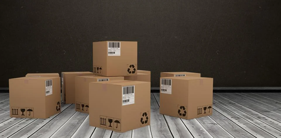 Composite image of group of digitally generated brown cardboard boxes Foto stock