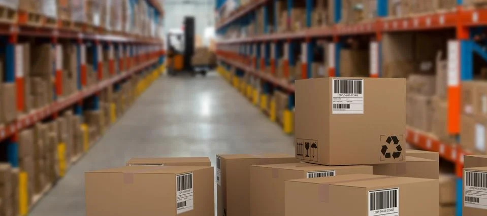 Composite image of group of digitally generated brown cardboard boxes Foto stock