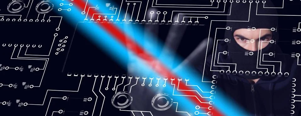 Composite image of hacker in balaclava gesturing and looking at camera Stock Photos