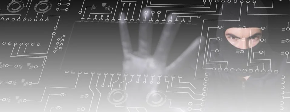Composite image of hacker in balaclava gesturing and looking at camera Stock Photos
