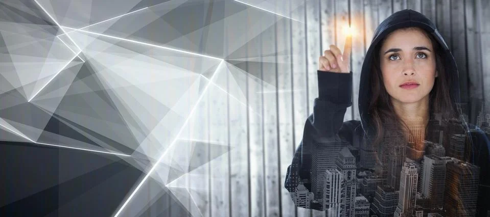 Composite image of hacker using digital screen 스톡 사진