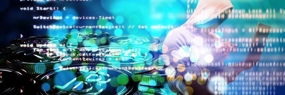 Composite image of hacker using laptop while holding credit card 스톡 사진