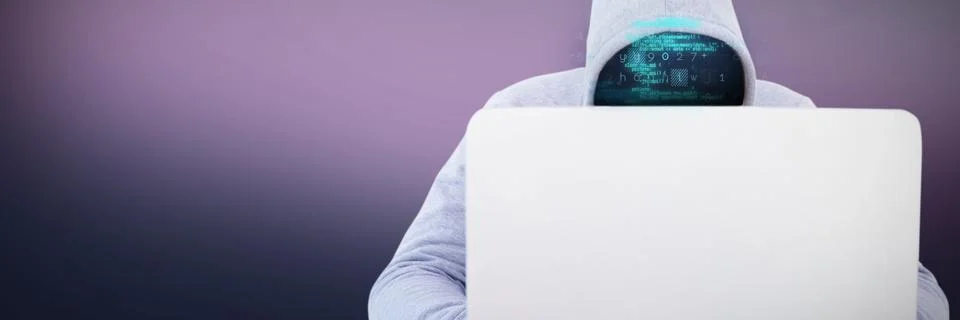 Composite image of hacker using white laptop at table Stock Photos
