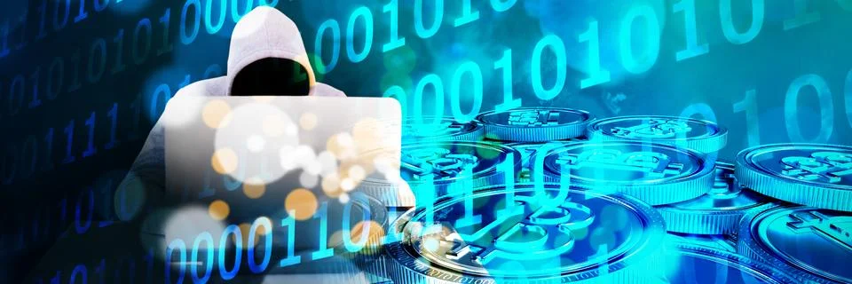 Composite image of hacker using white laptop at table Stock Photos