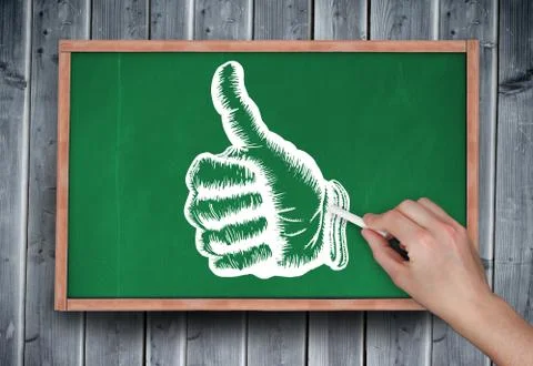 Composite image of hand drawing thumbs up with chalk 스톡 일러스트