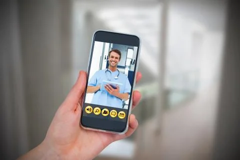 Composite image of hand holding mobile phone against white background Stock Photos
