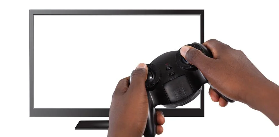 Composite image of hand of man playing video game against white background Stock Photos