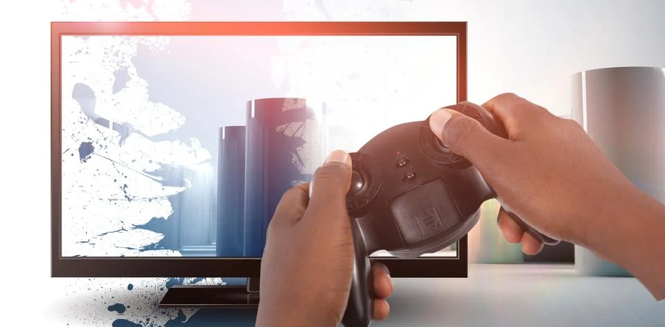 Composite image of hand of man playing video game against white background Stock Photos