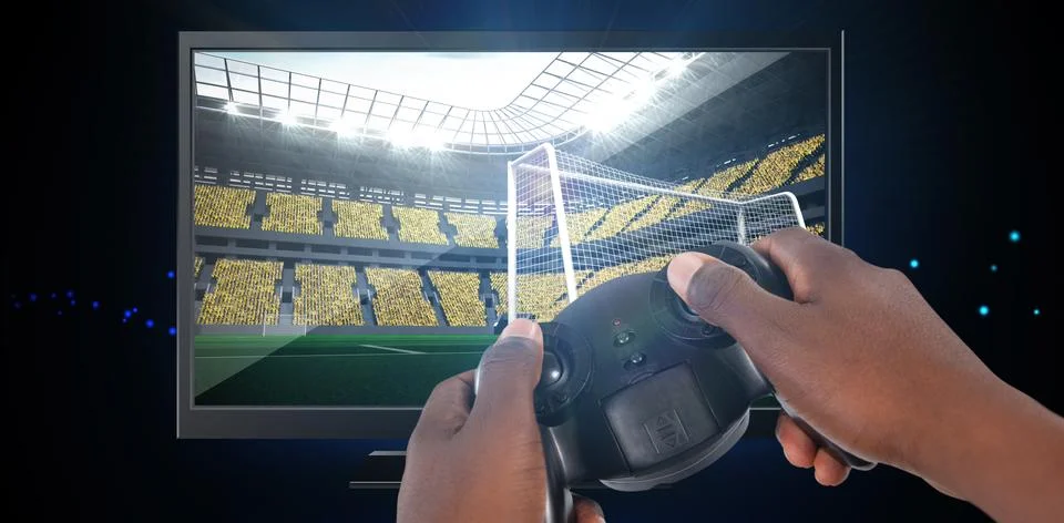 Composite image of hand of man playing video game against white background 스톡 사진