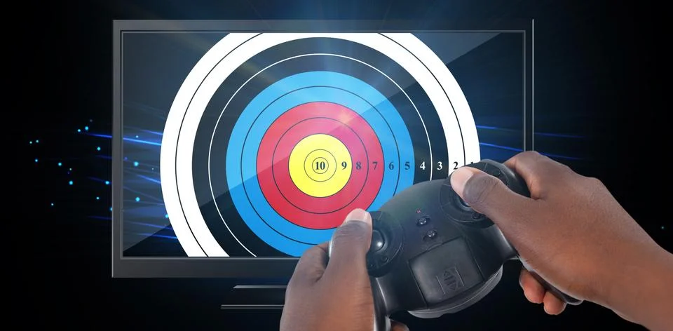 Composite image of hand of man playing video game against white background 스톡 사진