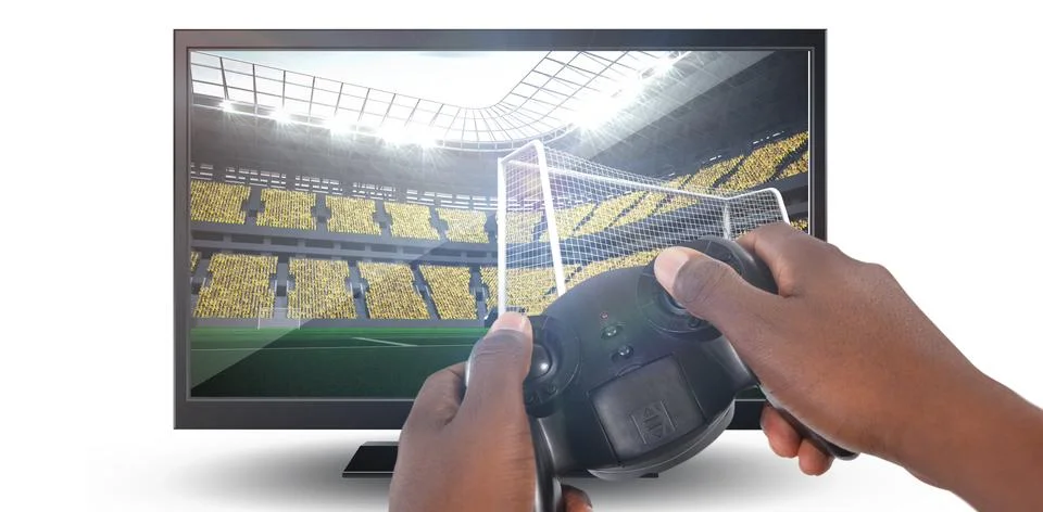 Composite image of hand of man playing video game against white background Stock Photos