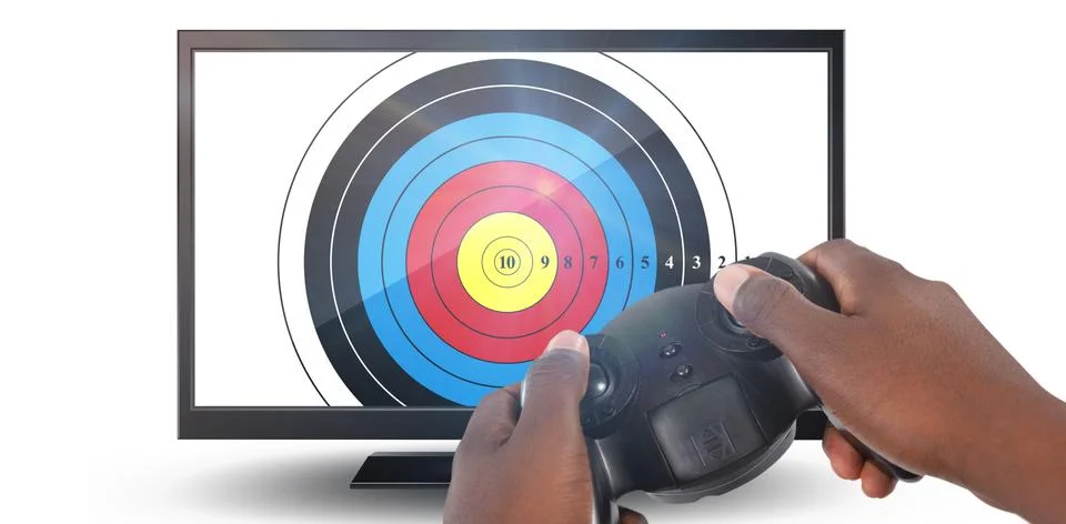 Composite image of hand of man playing video game against white background Stock Photos