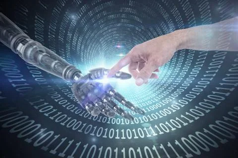 Composite image of hand of man pretending to touch an invisible screen Stock Photos