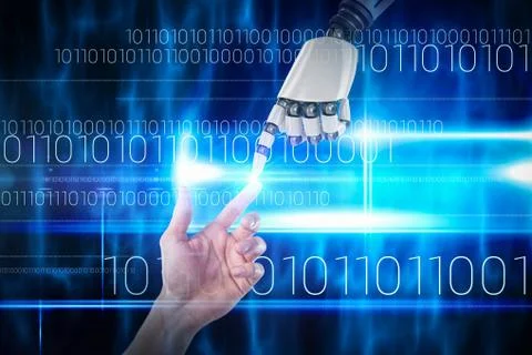 Composite image of hand of man pretending to touch an invisible screen 스톡 사진
