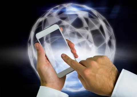 Composite image of Hand touching cell phone screen against bright graphic sphere Stockfoto's