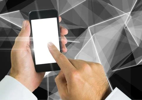 Composite image of Hand Touching cell Phone screen against graphic background Foto stock