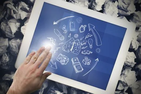 Composite image of hand touching tablet Ilustração Stock