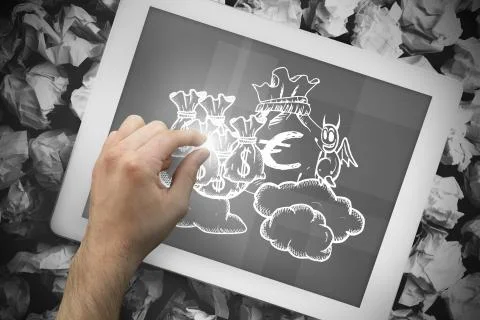 Composite image of hand touching tablet Foto stock