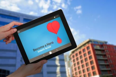 Composite image of hands holding digital tablet against white background Stock Photos