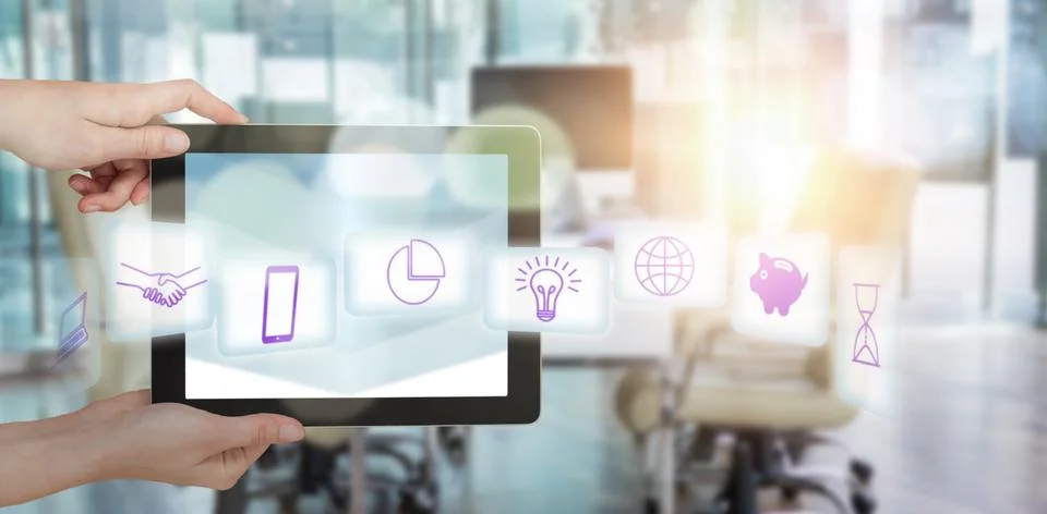 Composite image of hands holding digital tablet against white background 스톡 사진