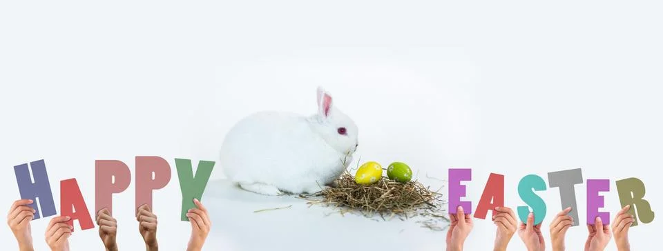 Composite image of hands holding up happy easter Stock Illustration