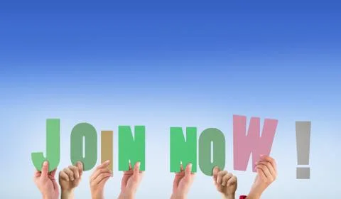 Composite image of hands holding up join now 스톡 일러스트