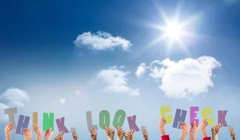 Composite image of hands holding up think look check Ilustração Stock