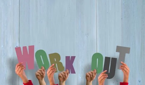 Composite image of hands holding up work out 库存插图