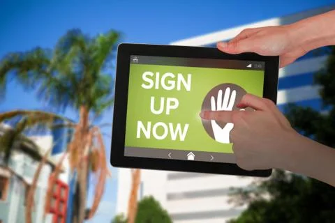 Composite image of hands touching digital tablet against white background Stock Photos