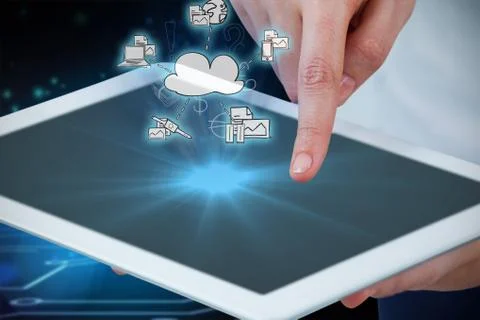 Composite image of hands using digital tablet against white background Stock Photos