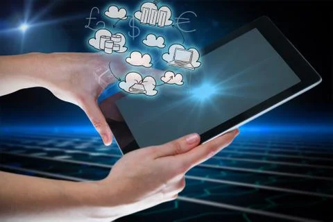 Composite image of hands using digital tablet against white background Stock Photos