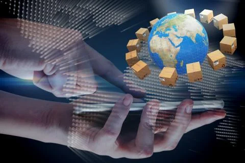 Composite image of hands using mobile phone on white background Stock Photos